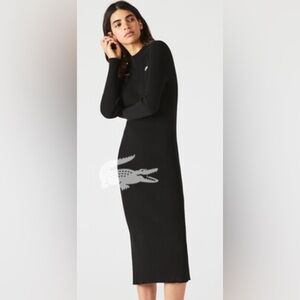 Lacoste Black Long-Sleeve Midi Dress with White Croc Detail